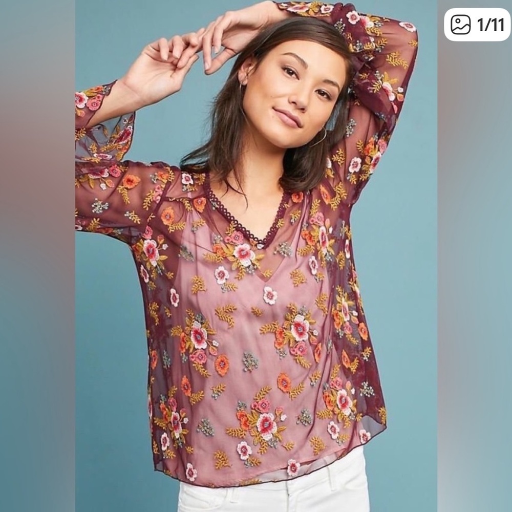 Anthropologie feather bone Maroon Floral Sheer Blouse